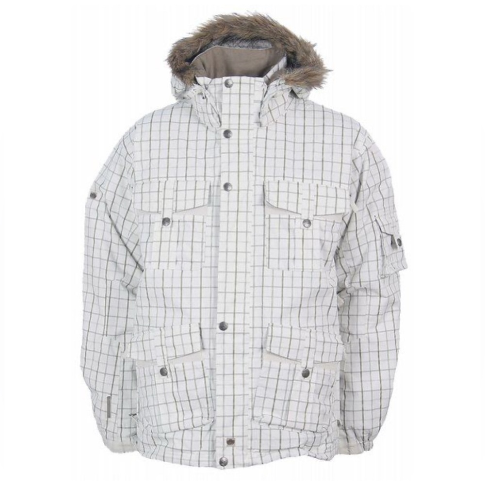 PLANET EARTH Men's Snowboard Coat Large White Checkered Ski Jacket Faux Fur Hood